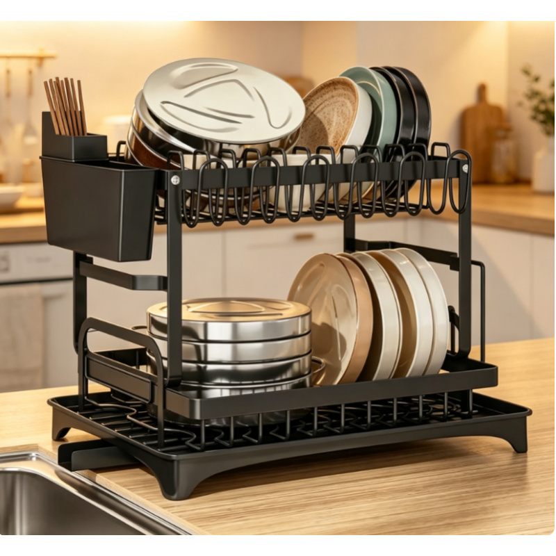 Kitchen Appliances Storage - Premium Großes 2-stöckiges Metall-Geschirrregal mit Abtropfschale